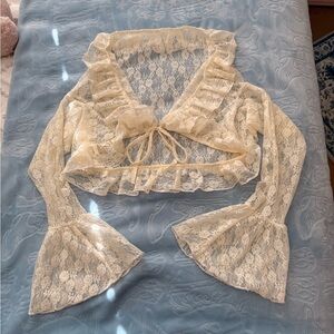 Sheer Lace Ruffled Cropped Tie-Front Top - Cream